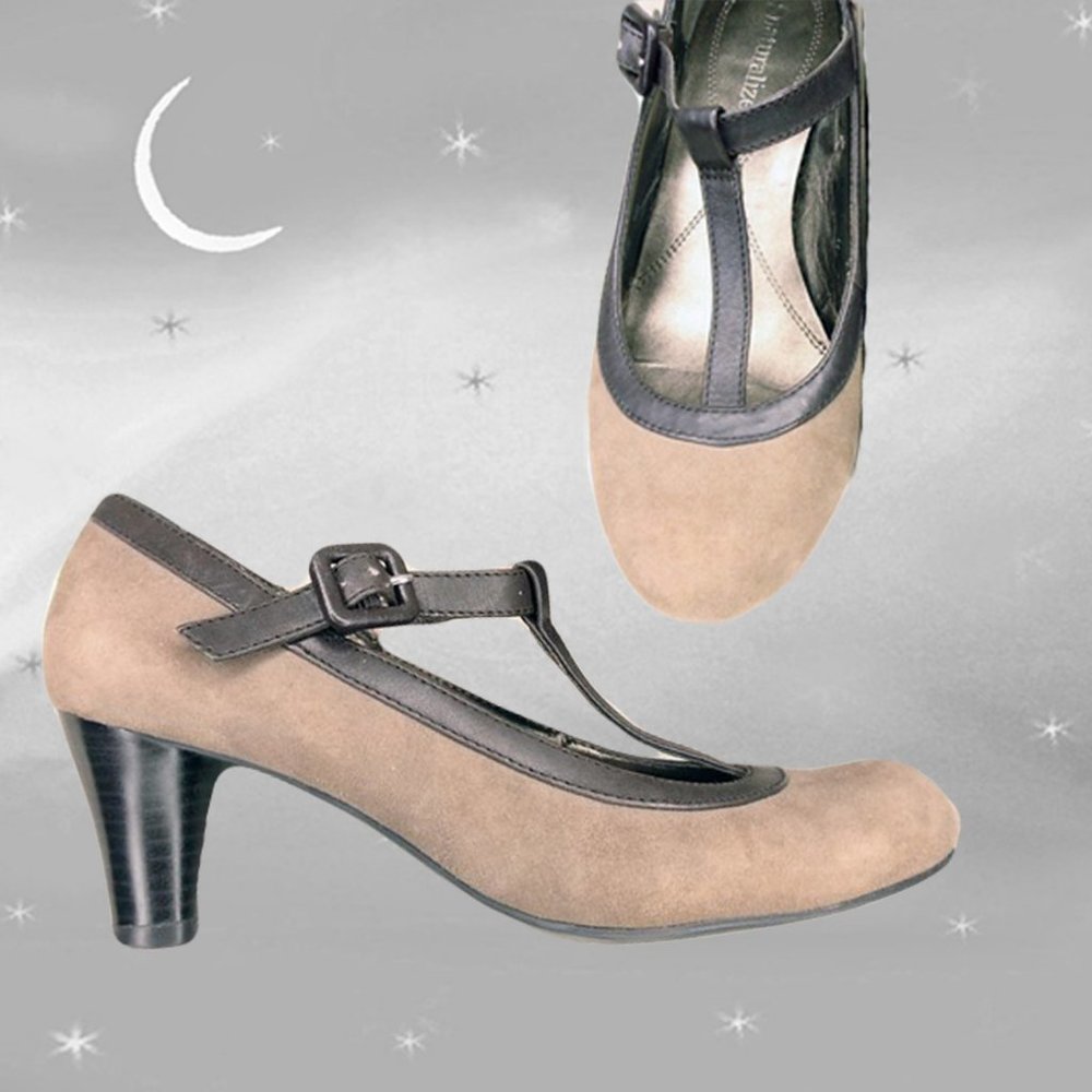 Vintage Style Round Toe T Strap Suede Mid Heels